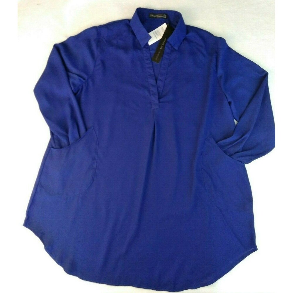 ZANZEA Womens Blouse Size 18 Loose Oversize V Neck Blue Long Sleeve Pockets NWT